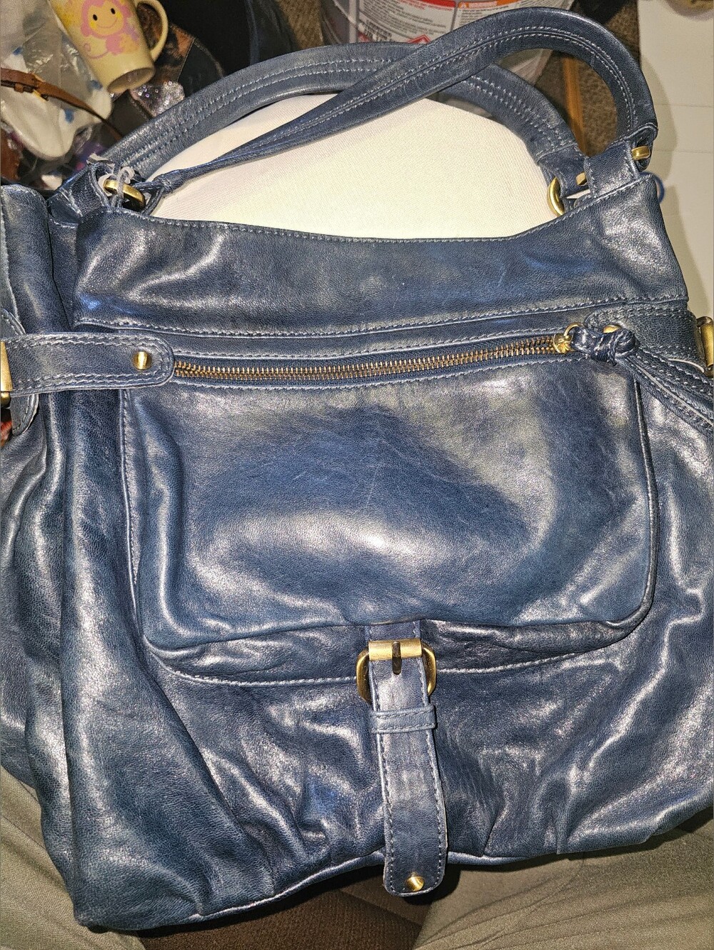 Tano Navy Leather Shoulder Bag